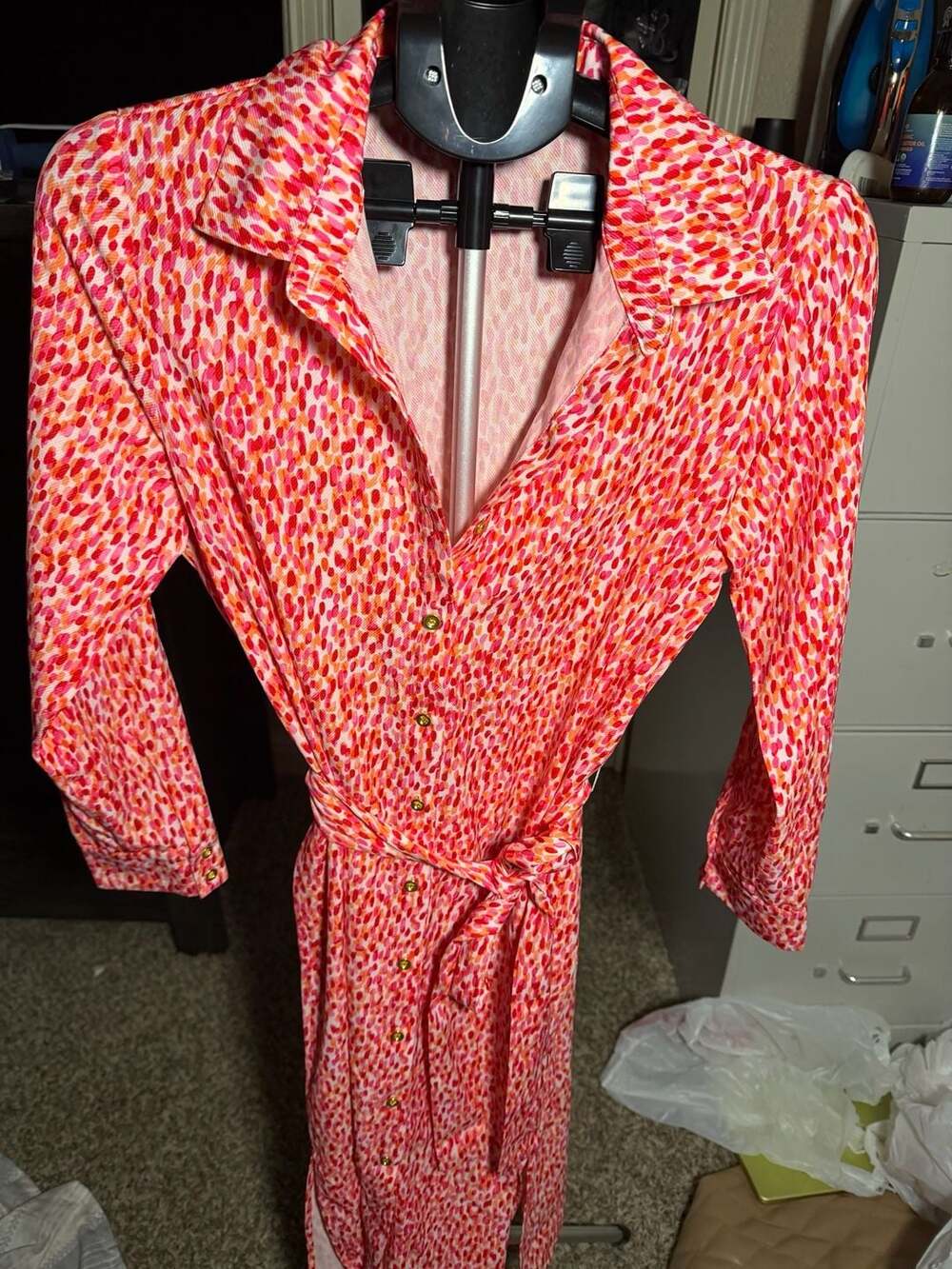 Alexa Admor Pink and Red Dot Print Button-Front Belted Midi Shirt Dress